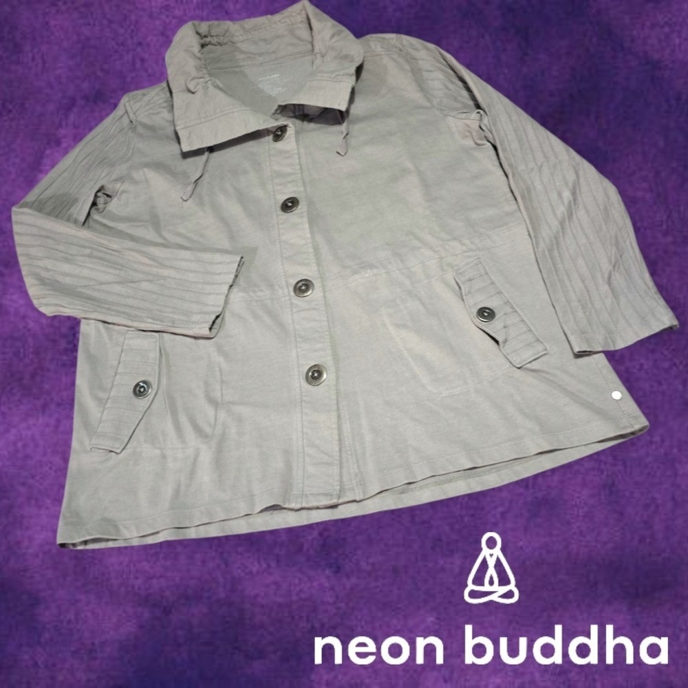 Neon Buddha Womens Ribbed Sleeve Cotton Button Front Utility Jacket Grey M